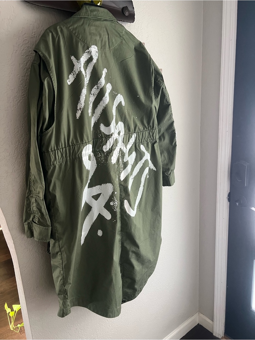 All Saints Olive Green Military Field Coat with White Graffiti Back